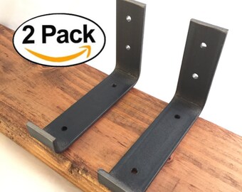 2 Pack - 5.5"L x 4"H Hook Handcrafted Forged Rustic Reclaimed Salvaged Lip Metal Shelf Wall Brackets, decorative shelve Storage Strap Angle