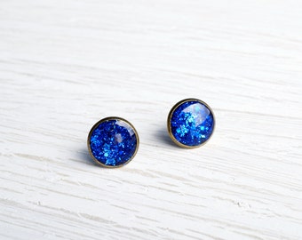 Large Blue Glitter Stud Earrings