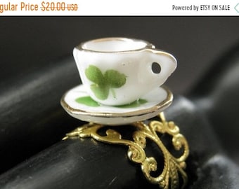 SUMMER SALE Porcelain Teacup Ring. Green Clover Tea Cup Ring. Gold Filigree Adjustable Ring. Handmade Jewelry.