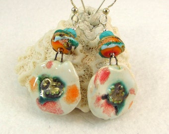 Artsy Petals Petra Ceramic Silverfish Lampwork Glass Turquoise Sterling Silver Earrings (ER 527)