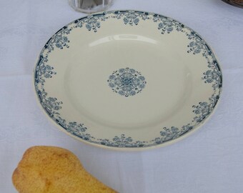 Small Round French Ironstone Platter. Sarreguemines. Blue and White Transferware. Mignon.