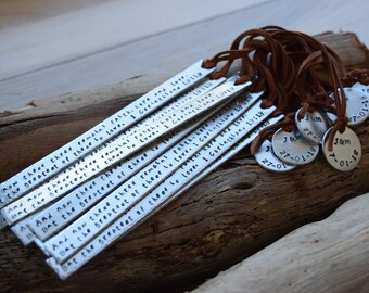 Bookmark Book mark Metal hand stamped Deerskin leather strap & disc custom personalised Quote Graduation Gift Teachers Gift Bible Verse
