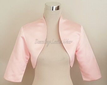 Light Pink Satin Bolero / Shrug / Cropped Jacket Fully Lined - UK 4-26/US 1-22 3/4 Sleeves - Formal/Wedding/Bridal