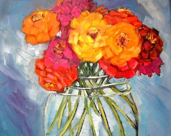 Flower Painting, Floral Still Life, "Jar Full of Sunshine" by Carol Schiff, 10x10 Oil Painting, Free Shipping in US