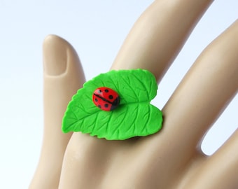 Cute ladybug on a leaf adjustable ring cute insect bug ring jewelry handmade polymer clay