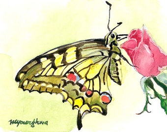 ACEO art print, Limited Edition 1/25, Butterfly and rose, Gift idea for nature lovers, Art print of an original ACEO watercolor