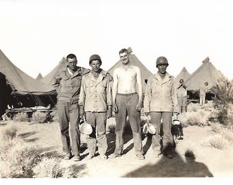 Vintage Snapshot "Defending Our Country" WWII Army Men Helmets Tents Military Uniforms Pots & Pans Found Vernacular Photo