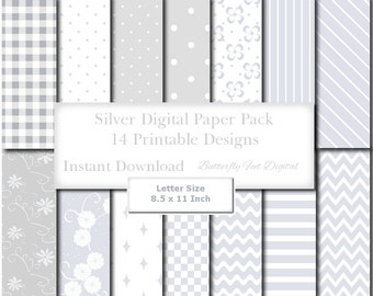 Silver and White Digital Paper, 8.5 x 11 Inch Letter Size, 14 Printable Scrapbook Papers, Wedding Papers, Instant Download
