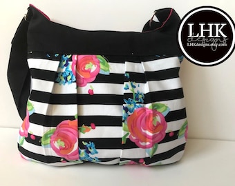 Black and pink floral striped pleated crossbody bag purse tote bag with pink lining