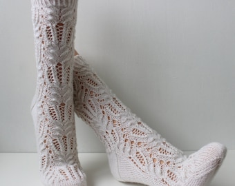 Hand knitted wool lace socks, white socks, bed socks