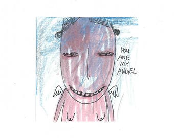 Angel lover gift, Aceo original, Angel Drawing, Weird art original, Surrealist art card, Original folk art, Atc, outsider art guardian angel