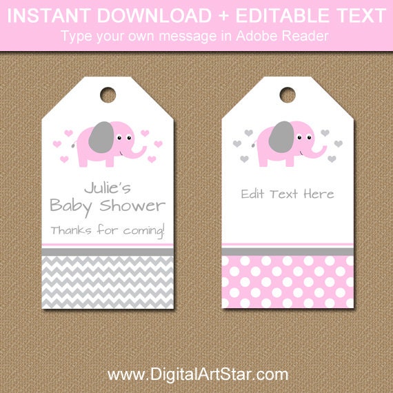 Pink Elephant Baby Shower Tags Editable Baby Shower Hang