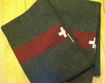 Swiss Army Blanket Wool Blanket Stitch Embroidered Cross Iconic Blanket Camp Blanket Red Brown Army Blanket Army Surplus