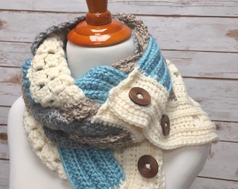 Crochet Cowl. Braided Crochet Scarf. Crochet Neckwarmer. Button Infinity Scarf.