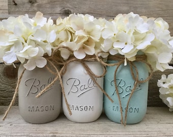 Painted Mason Jars-Rustic Mason Jar Decor-Vintage Farmhouse Home Decor-Grey-White-Rustic Home Decor-Country Chic Home Decor-Shabby Chic Home