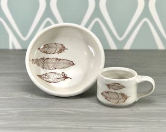Kid dish set. Children's cup + bowl set. Porcelain dishes, white glaze. Feather themed kid's gift. Toddler, preschool gift. First birthday.