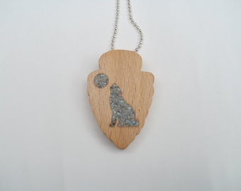 coyote and moon necklace wood arrowhead scroll saw
