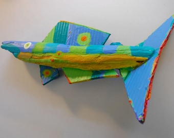 Fish Art created from driftwood that is painted in bright colors ready to hang for colorful wall decor