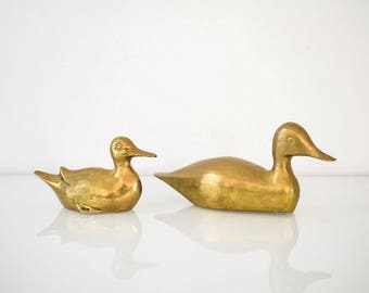 brass ducks, mid century brass ducks, brass figurines, duck figurines, pair of solid brass duck figurines, mid century modern, vintage