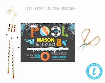 Winter pool birthday party tem, TRY BEFORE you BUY, instant download, edit yourself invitation,Template Editable