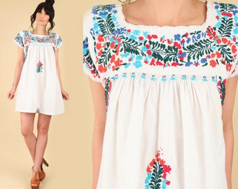 ViNtAgE OAXACAN Mini Dress Mexican Hand Embroidered 70's Floral Cotton Handmade Artisan Hippie BoHo White M