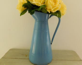 Blue enamel pitcher Large rustic enamelware jug French vintage enamel jug French enamelware