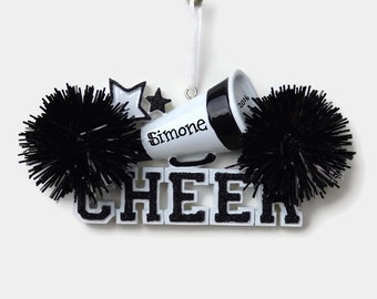 Black Cheerleader - CHEER - Pom Poms - Hand Personalized Christmas Ornament - Personalized Ornament