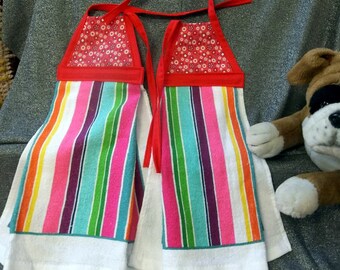 Hanging Printed Terry Tie Towels, Red Flower Calico Print Top