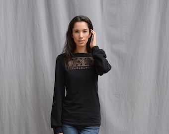 Women's Black Top, Cotton Jersey, Long Sleeve, Lace Detail, Geometric, Puff Sleeve- Made to order