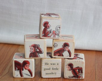 6 RARE, Vintage Curious George Wooden Blocks