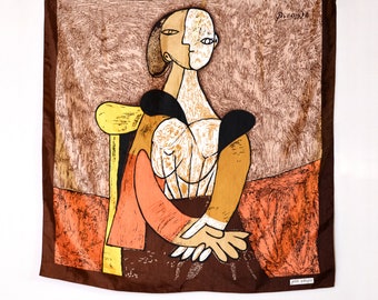 90's Pablo Picasso print scarf, brown, orange and yellow art print, cubist painting portrait of a woman vintage scarf