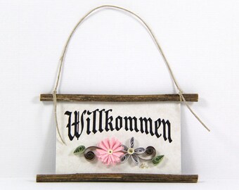 Quilled Magnet -351- Willkommen - German Welcome, Kitchen Decor, Party Favor, Pink and Grey Decor