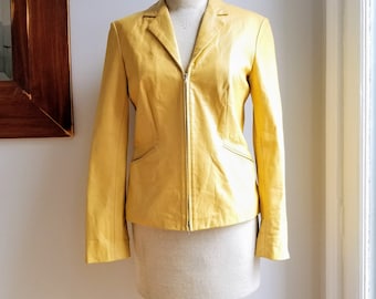 90s Ann Taylor Yellow Leather Jacket/Yellow Leather Blazer/Yellow Biker Jacket/Saffron/Marigold/Sunshine/Size S/23"Long/36"Chest/18"Sleeve
