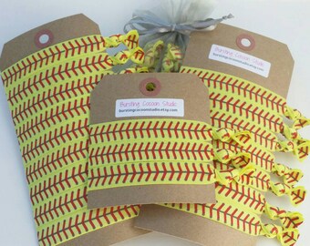 softball hair ties, set of hairties, elastic ponytail holders, red laces print, fastpitch yellow sports gift, goody bag stuffer, party favor