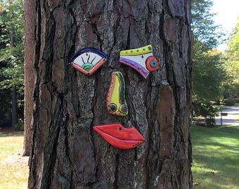 Tree Face Picasso Inspired Original Unique Garden Yard Art - Handmade Pottery