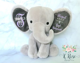 Baptism Gift, Christening Gift, Elephant Keepsake, Stuffed Elephant, Godparent Gift, Gift From Godparents, Personalized Elephant