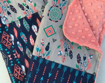Tribal Girls Baby Blanket Lovey Minky Blanket, Nursery Bedding Native American Dream Catchers Arrows Feathers Navy Grey and Coral Minky