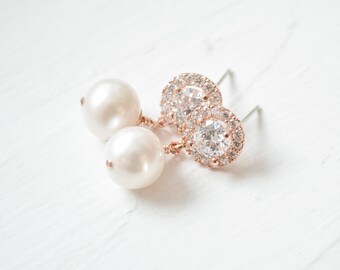 Bridal Earrings Rose Gold, Wedding Earrings Rose Gold, Pearl Rose Gold Drop Earrings
