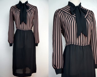 Secretary Dress Ascot Striped Black Button Medium Large Long Sleeve Shirt 1970s Brown