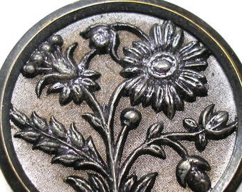 XL 1800s metal BUTTON, Victorian Flowers in silver purple. 1.5"