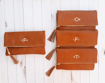 Bridesmaid Set of Monogrammed Clutch | Tassel Fold Over Crossbody| Faux Leather | Bridesmaid Gift, Gift for Her | Multiple Colors