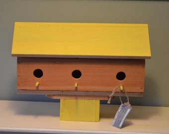 Rustic Cedar Birdhouse Condo 3 Compartments with Fence Post Mount Bright Yellow & Natural Stain Barn Farmhouse