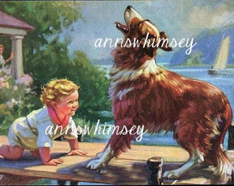 Dog Art, Nursery Art, Child's Room Art Print ~ Collie Dog and Baby, "The Call That Saved" #619