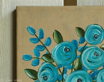Original Still Life Acrylic Painting on Canvas - Old Blue Roses in White Ironstone Vase - Lana Manis
