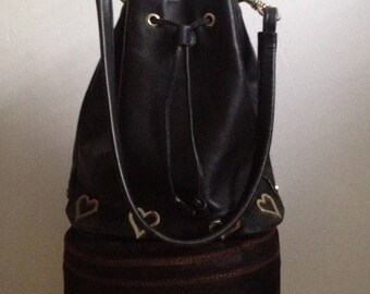 Studded black leather 80s bag hearts made in france Michel Orlean