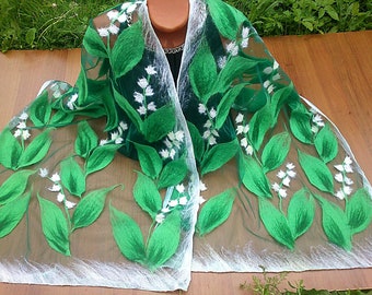 Nuno scarf flower shawl lily of the valley on the green emerald tulle grid large scarf with white flowers scarf made of felt unique wrap