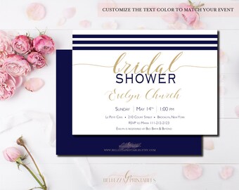 Modern Nautical Bridal Shower Invite- Navy Stripe Bridal Shower Prints- Navy and Gold Shower Invitations-Digital File or Printed Cards-BS17
