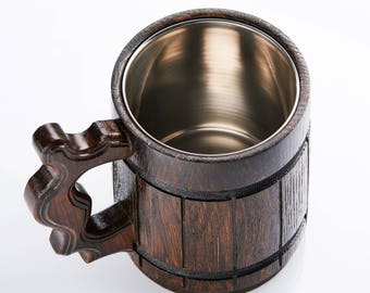 Handmade Wooden Beer Mug - Dark Oak Wood Pint Beer Stein Tankard With Steel Liner - Gift For Craft Beer Enthusiasts