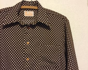 Vintage 1970s Brown & White Polka Dot Polyester Shirt ~ M