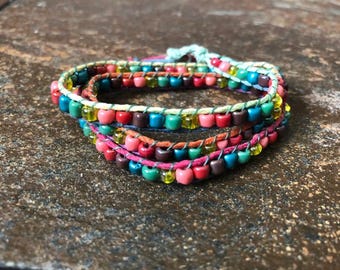 Rainbow Hemp and Bead Triple Wrap Bracelet, Beaded Wrap Bracelet, Hemp Wrap Bracelet, Triple Wrap Bracelet, Beaded Bracelet, Hemp Bracelet